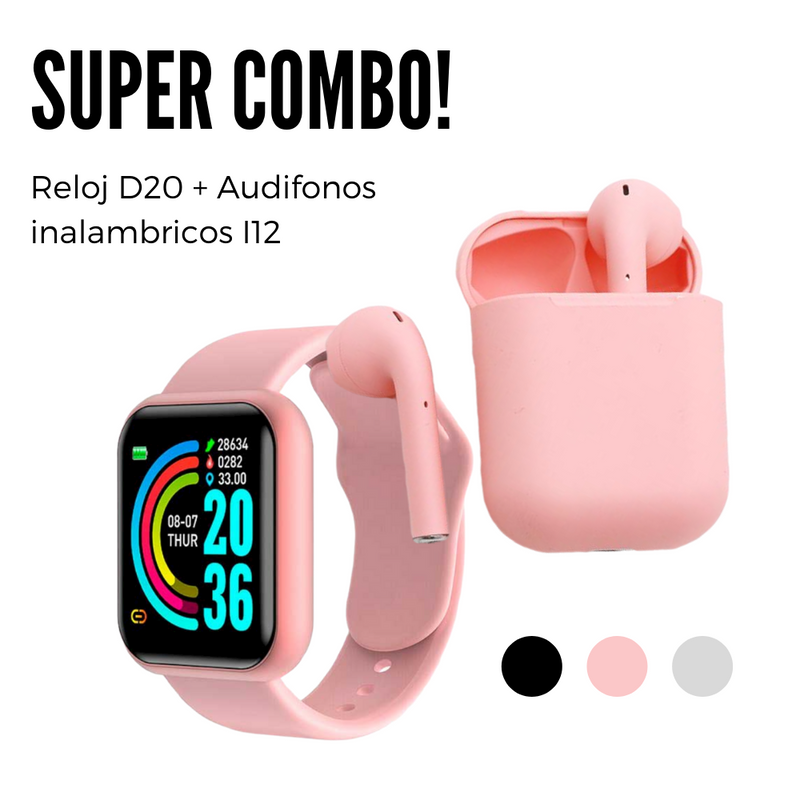 combo de reloj y68 + audífonos i12 rosa